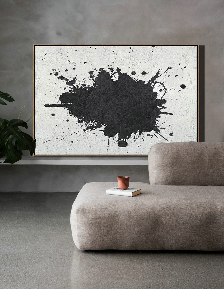 Modern Canvas Art,Oversized Horizontal Minimalist Splash Art On Canvas, Black And White Minimalist Painting - Hand-Painted Contemporary Art